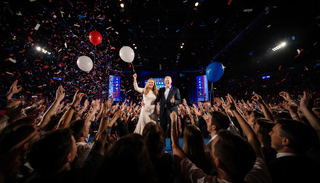Erika Kirk announcing endorsement with confetti and Vance beside her