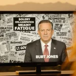 TV screen showing negative ads with text overlays and dollar signs and a viewer with uneasy look near Georgia landscape