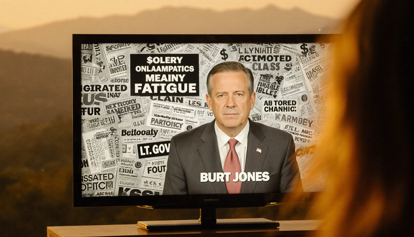 TV screen showing negative ads with text overlays and dollar signs and a viewer with uneasy look near Georgia landscape
