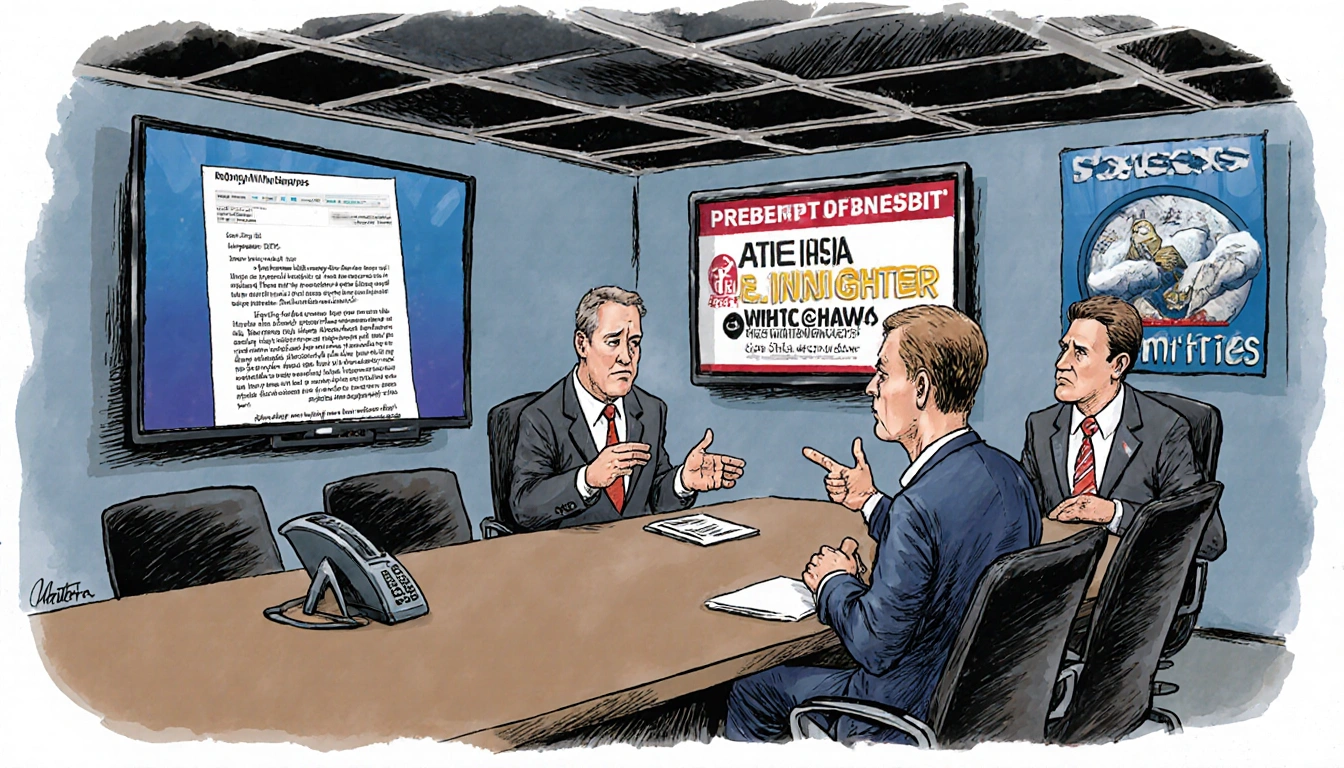 Network executives debating on a TV studio conference table with news screens and an email from the White House.