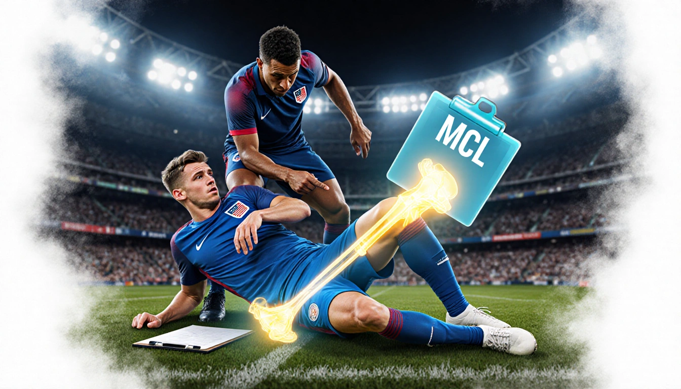 Tyler Adams lying on ground with knee bent and yellow MCL highlight while Coach Iraola points concerned with blurred football