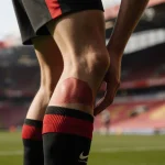 Tyler Adams showing his injured knee with a concerned look and a blurred football pitch behind him