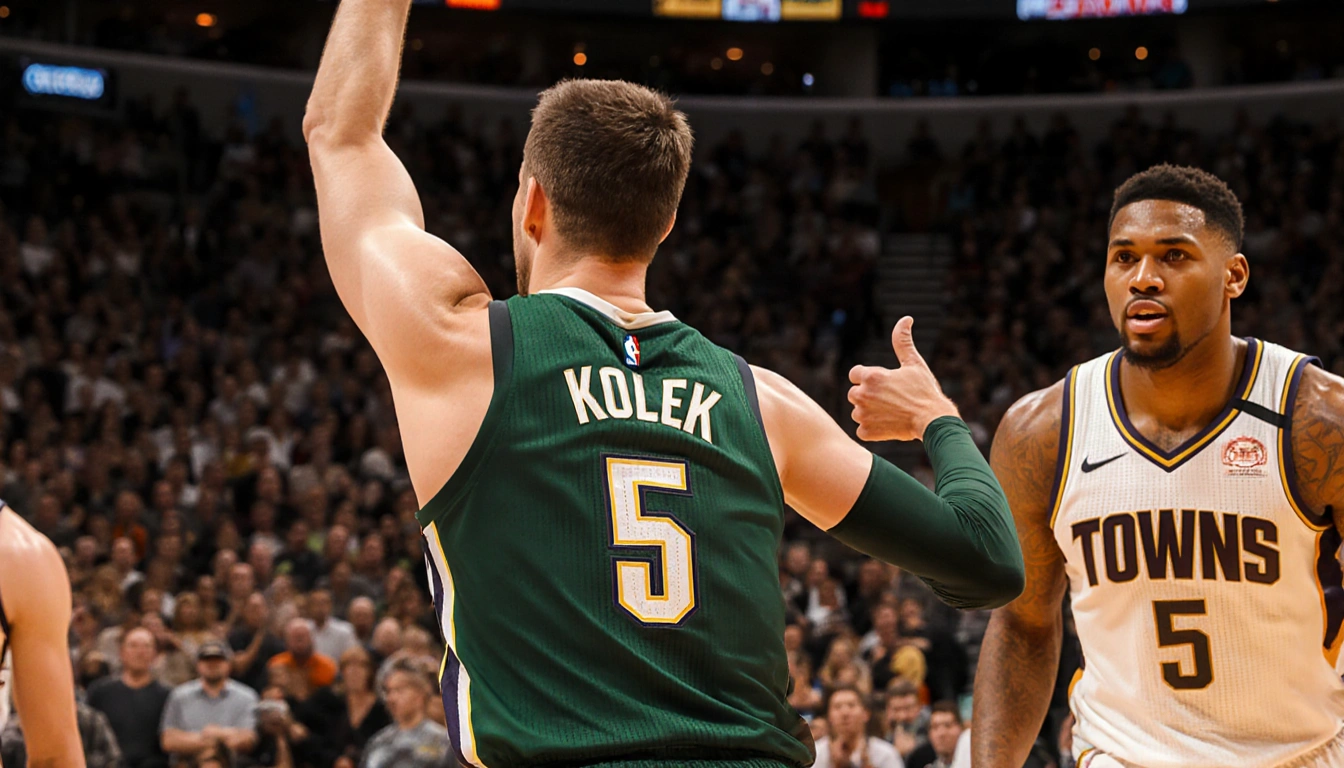 Tyler Kolek dashing across the semifinal court with number 5 in warm light and Karl Towns giving a thumbs-up