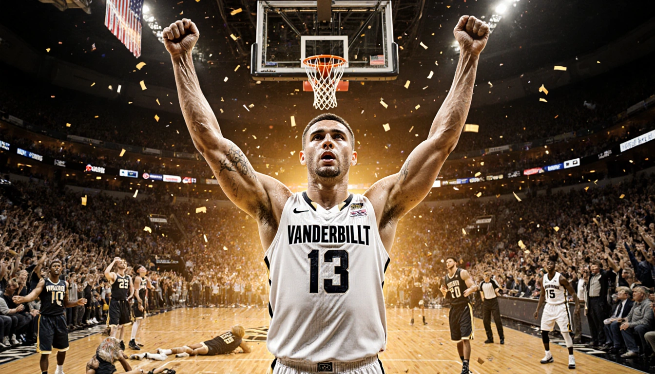 Tyler Nickel raises arms in triumph with sweat on his face and confetti over a blazing Vanderbilt arena glowing behind him