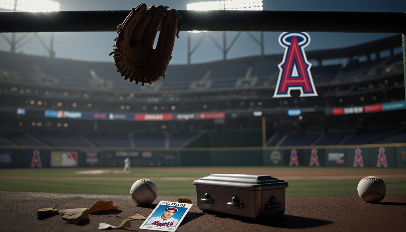 Glove hanging from railing in dim stadium with closed casket and baseballs near faded Angels logo