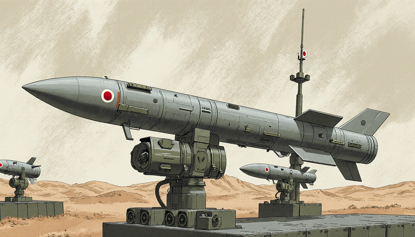 Type-12 missiles standing on launchpad in Kumamoto with guidance systems and warheads against a muted desert background.