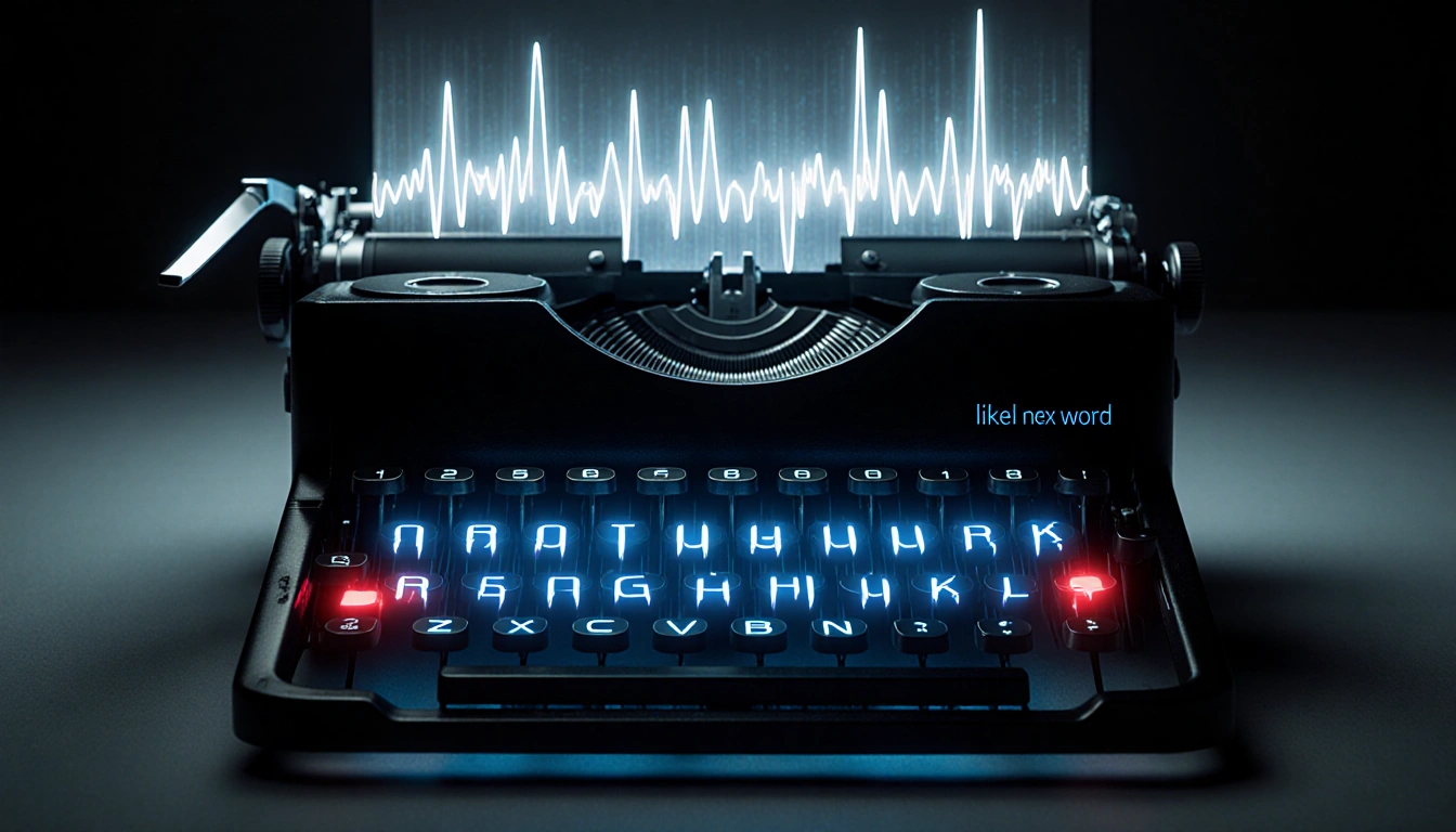 Futuristic typewriter emitting glowing blue letters with white text likely next word and a red word on a black background.