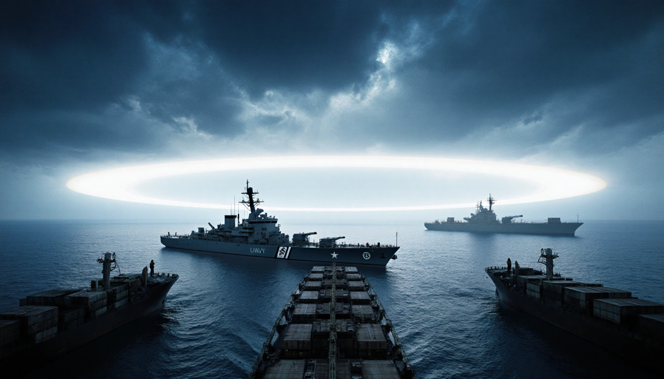 U.S. warship hovering over oil tankers with a bright halo and personnel overseeing offloading