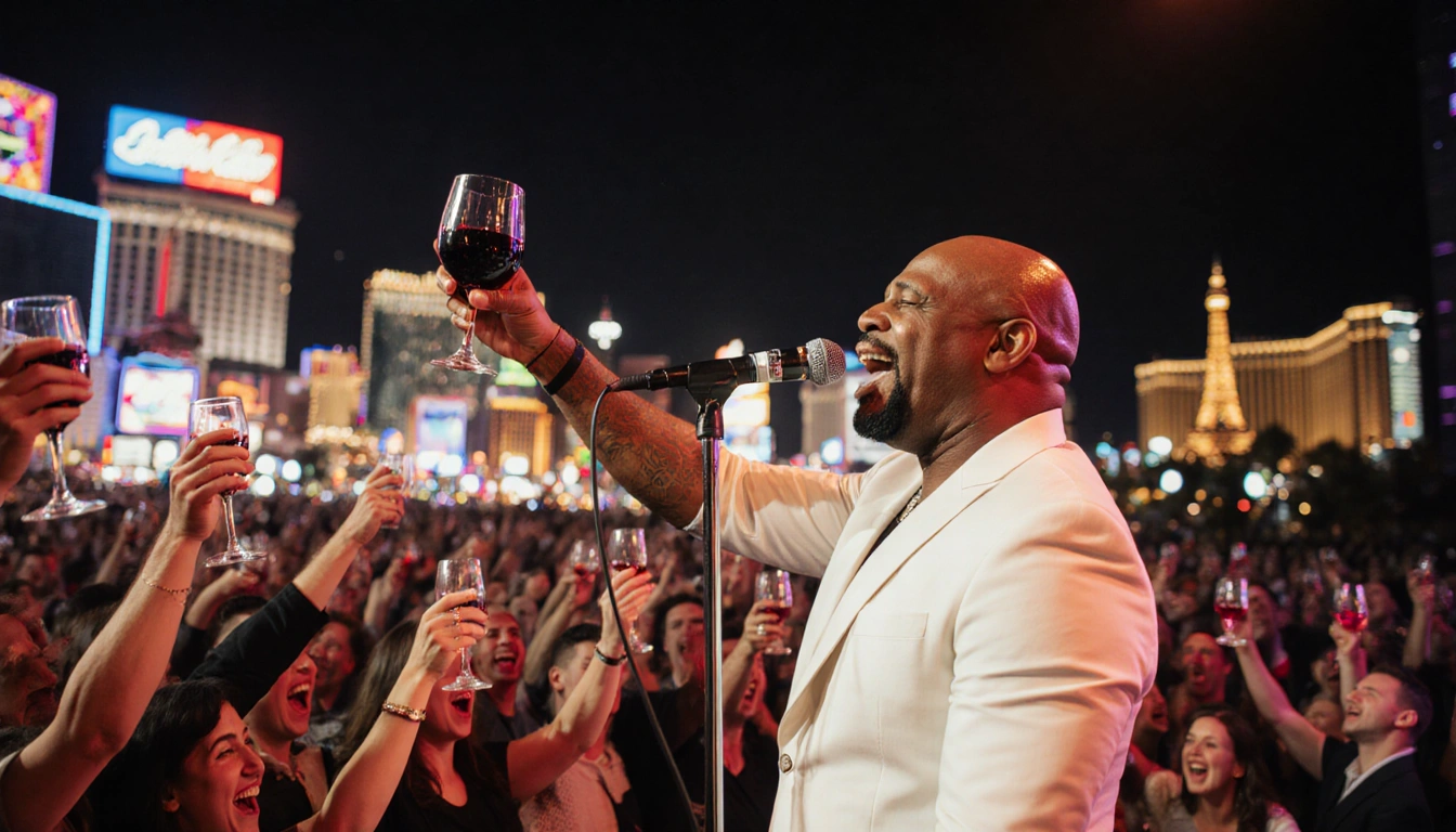 Lead singer UB40 holding a glass of Red Red Wine with the crowd cheering and Las Vegas lights in the background