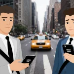 Two ride‑hailing drivers compare fares on their phones with blurred New York City streets behind them.