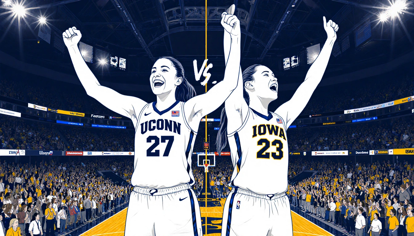 Azzi Fudd and Sarah Strong raise arms with split screen showing UConn arena and Iowa stadium and score overlay 27 points.