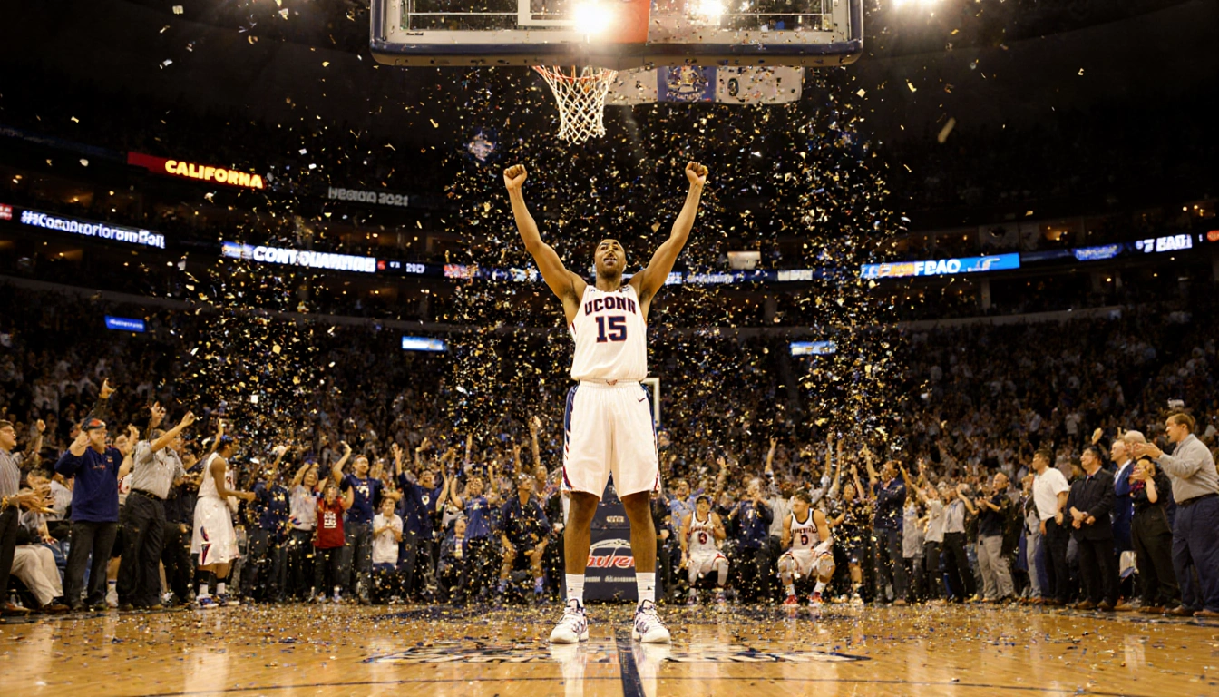 UConn player celebrates victory with arms raised and confetti falling as bright court lights illuminate the scene