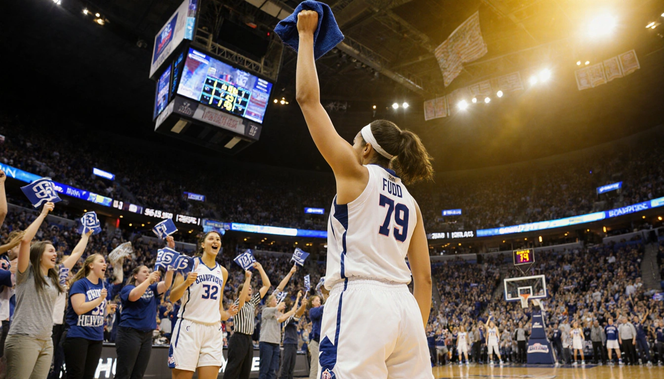Azzi Fudd raises an arm with the UConn basketball audience waving blue and white towels and scoreboard 79-51 in the backgroun