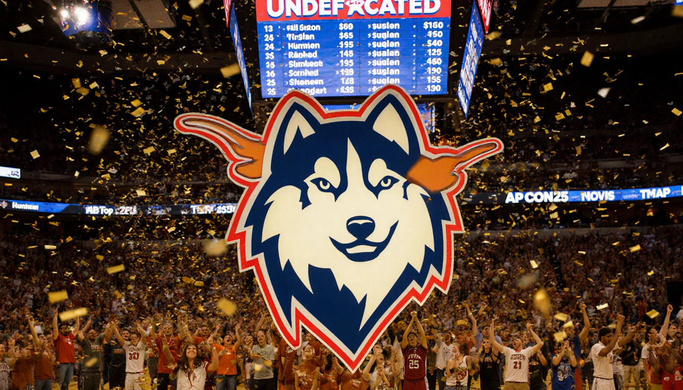 UConn logo shines with Texas logo above and confetti-filled arena filled with cheering fans