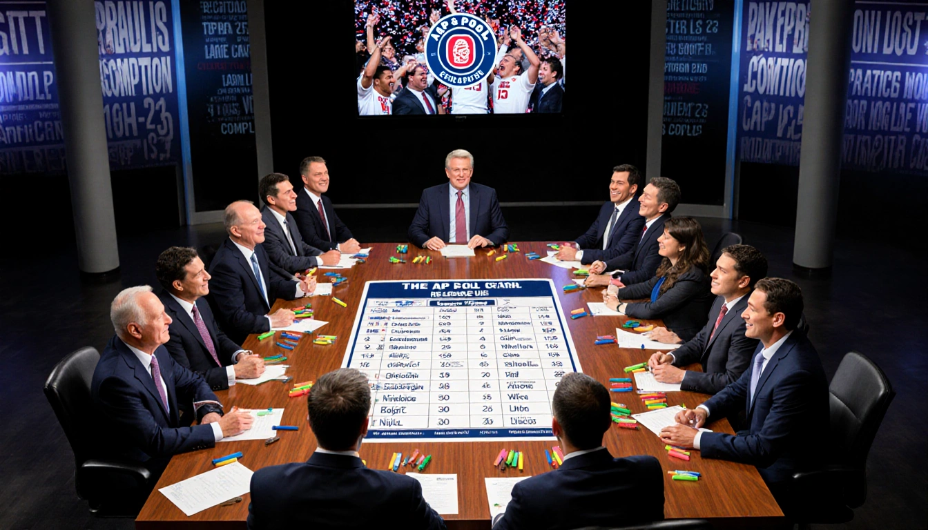 Journalists reviewing AP poll rankings with UConn celebration footage on TV and highlighters on the table.