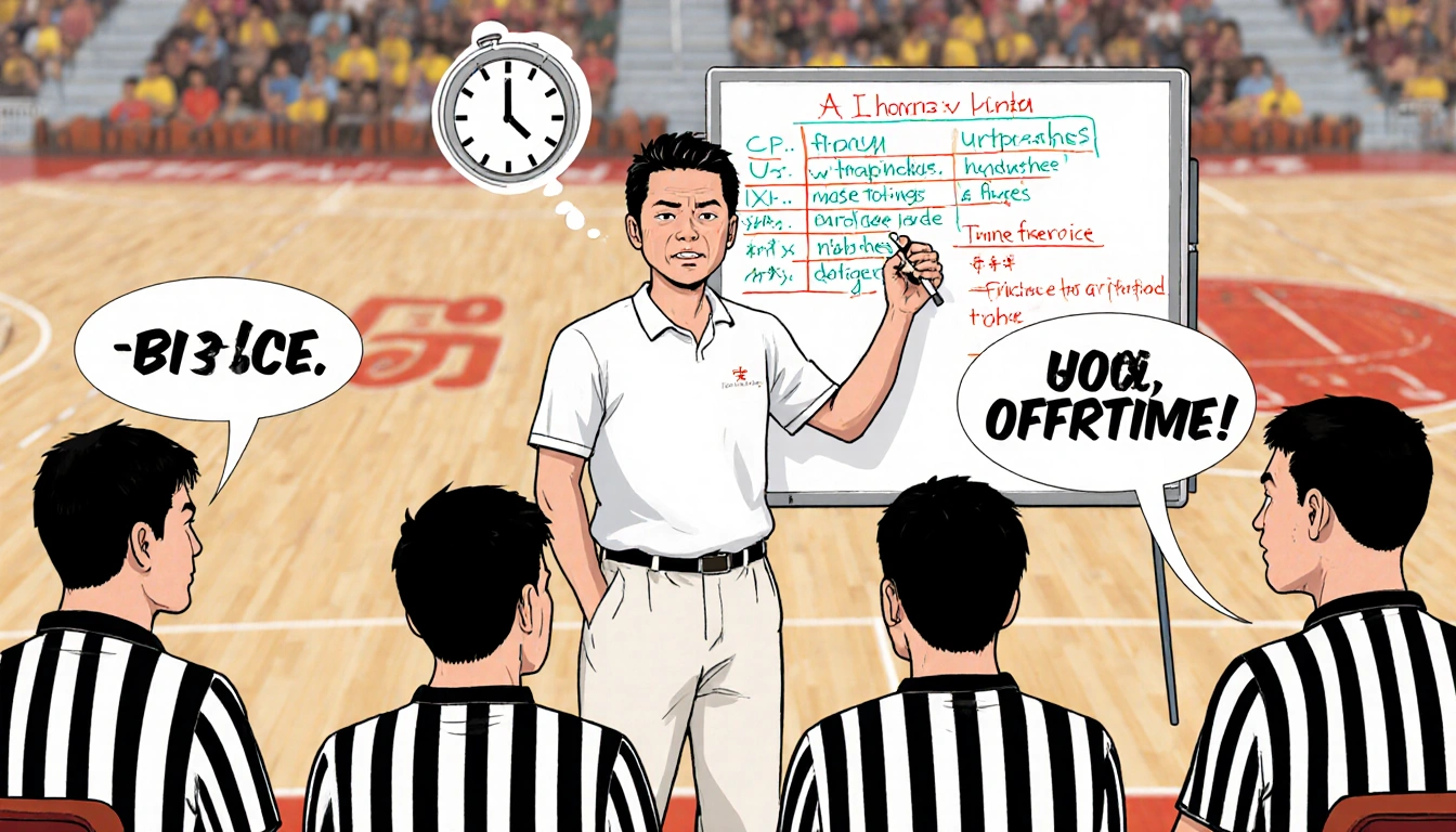 Basketball coach Ime Udoka addresses frustrated referees with a whiteboard full of notes and a blurred court clock.