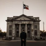 Suit-clad figure standing before Uhland City Hall with faded Texas flag and weathered signage reflecting scandal.
