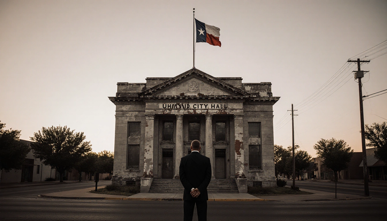 Suit-clad figure standing before Uhland City Hall with faded Texas flag and weathered signage reflecting scandal.