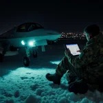 Ukrainian drone hunter operating the Sting interceptor with monitor showing drone data and LED lights in snowy night