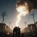 People huddling stare at drones swooping above a dusk Ukrainian city with sparking power lines