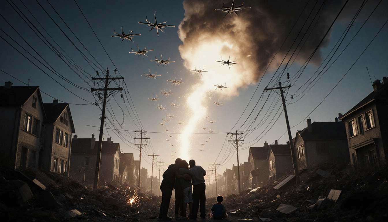 People huddling stare at drones swooping above a dusk Ukrainian city with sparking power lines