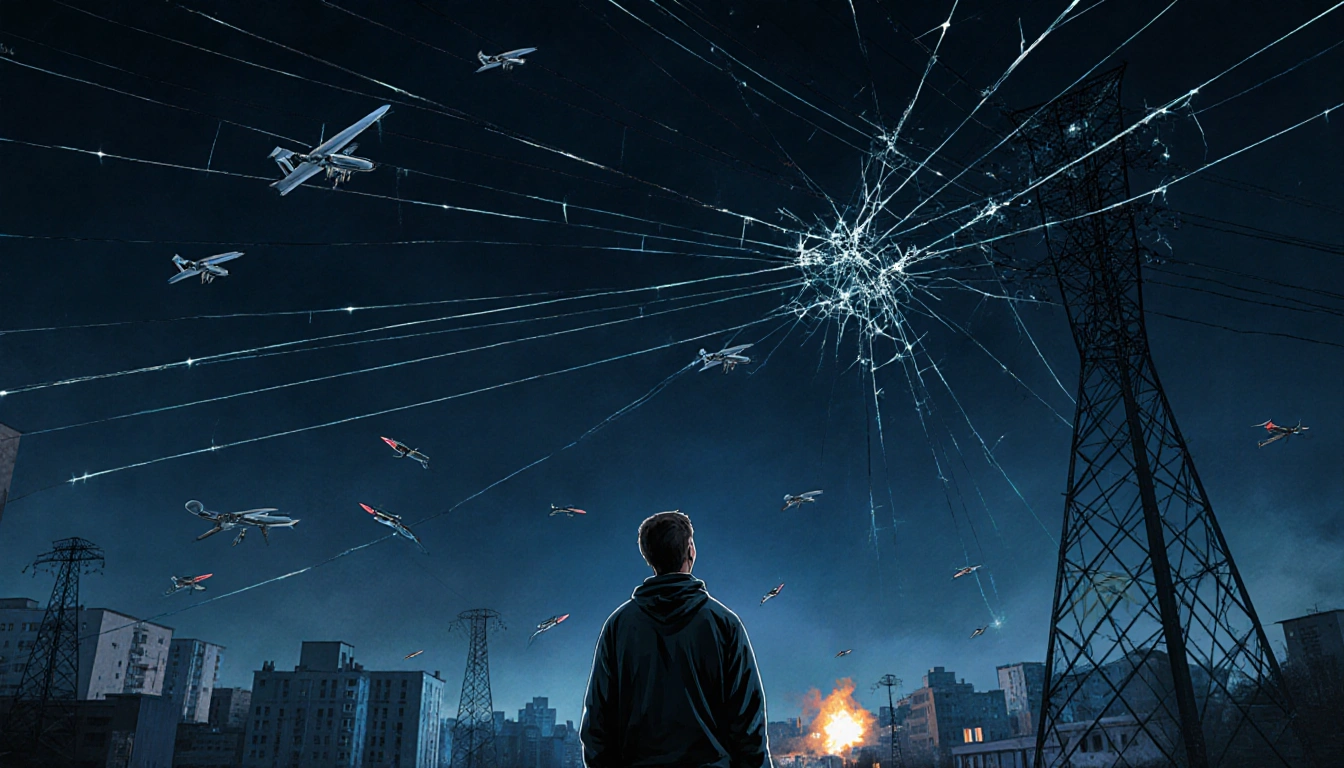 Ihor Klymenko looking up at broken power lines with drones and missiles and a darkened Ukrainian city at night