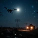 Drone hovering over damaged power grid with flickering orange lights and Russian military vehicle silhouette in distance.