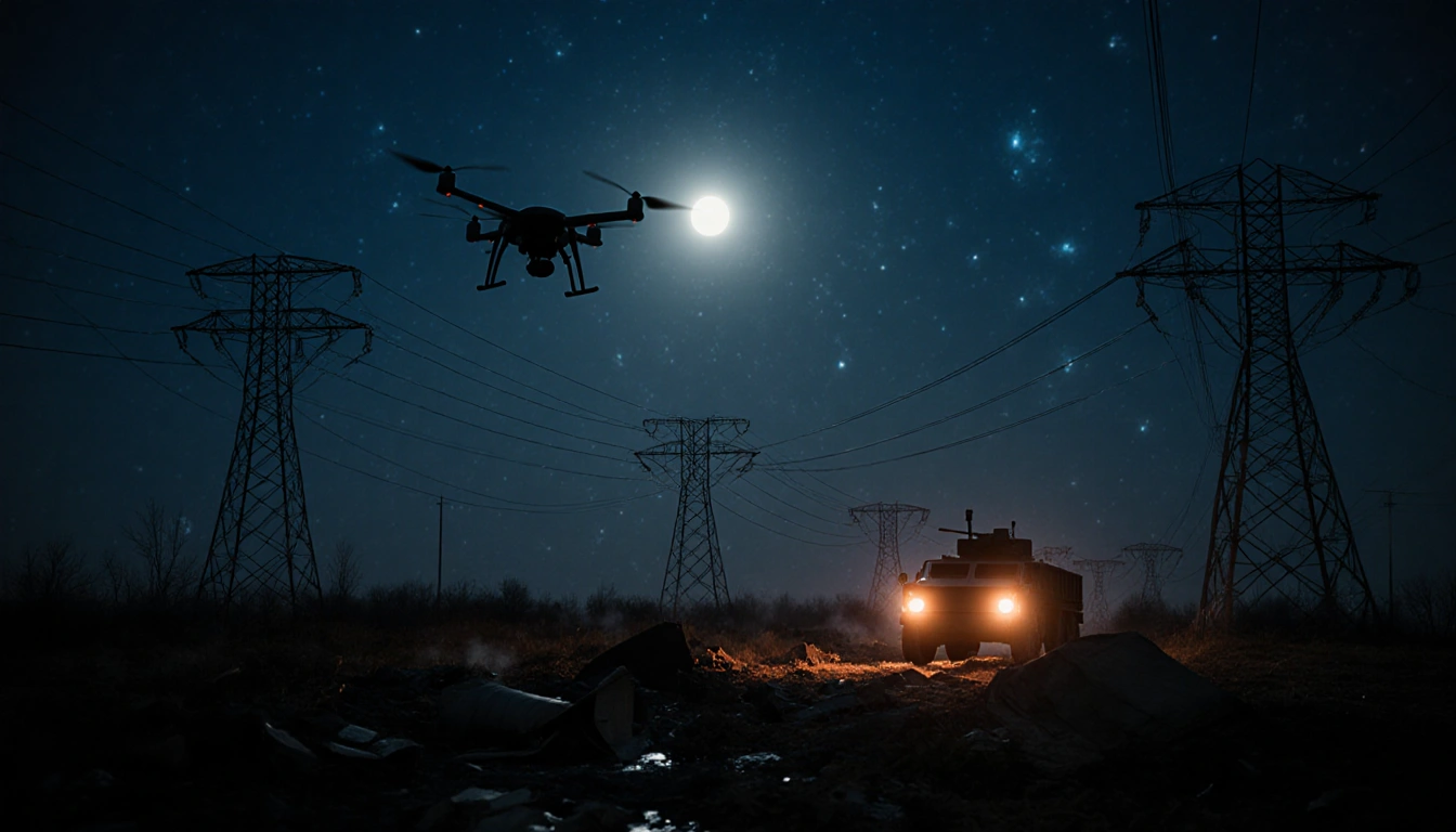 Drone hovering over damaged power grid with flickering orange lights and Russian military vehicle silhouette in distance.