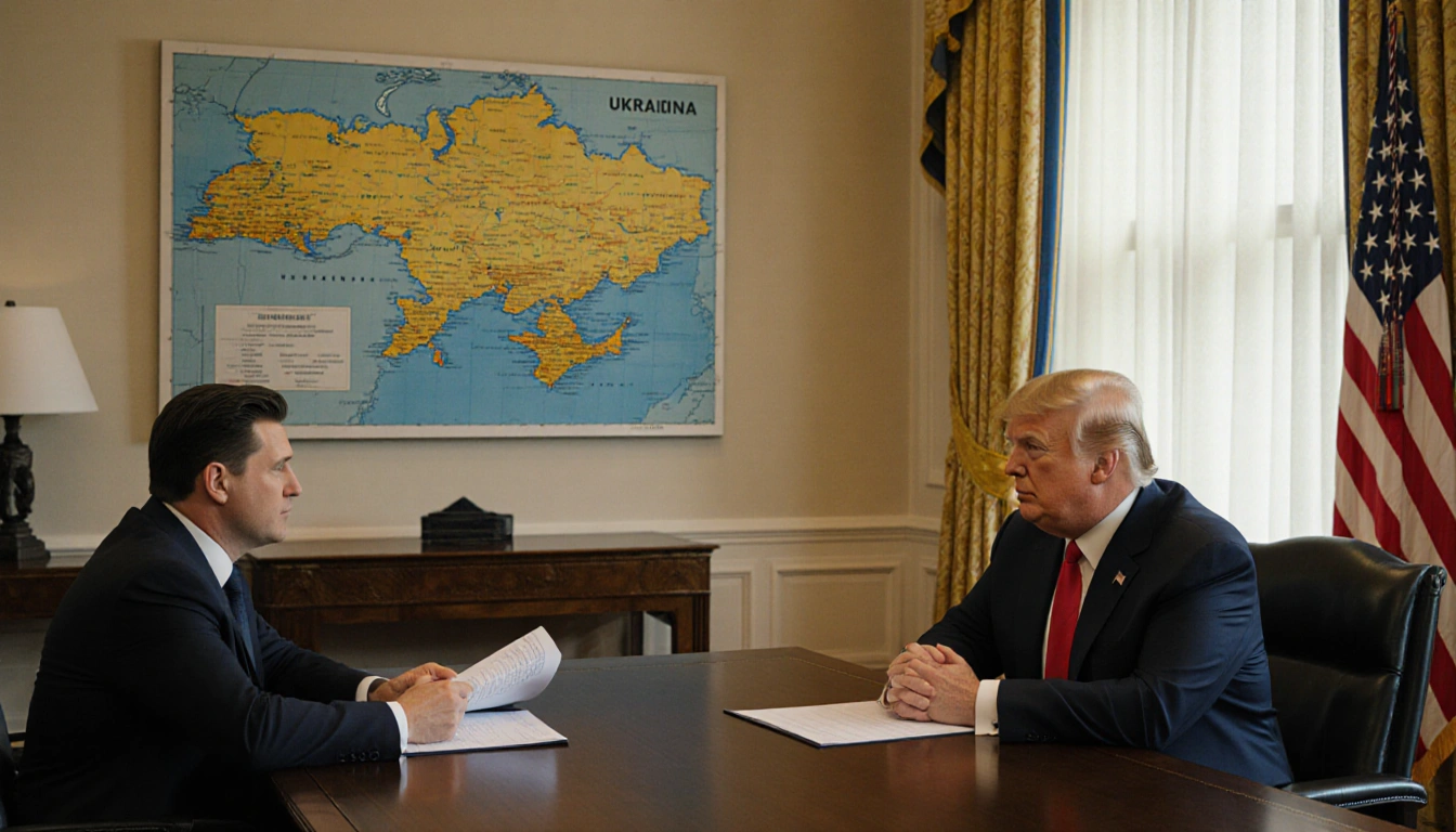 Zelenskyy holding documents with Trump leaning forward near a map of Eastern Europe in a formal meeting room