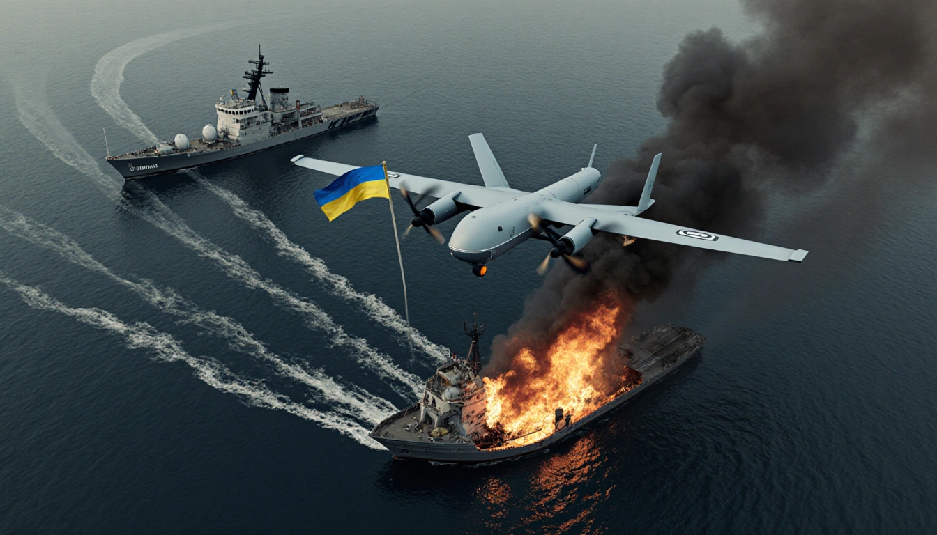 Ukrainian drones hover over Caspian Sea with an ablaze oil rig and a patrol ship emitting smoke and a flag.