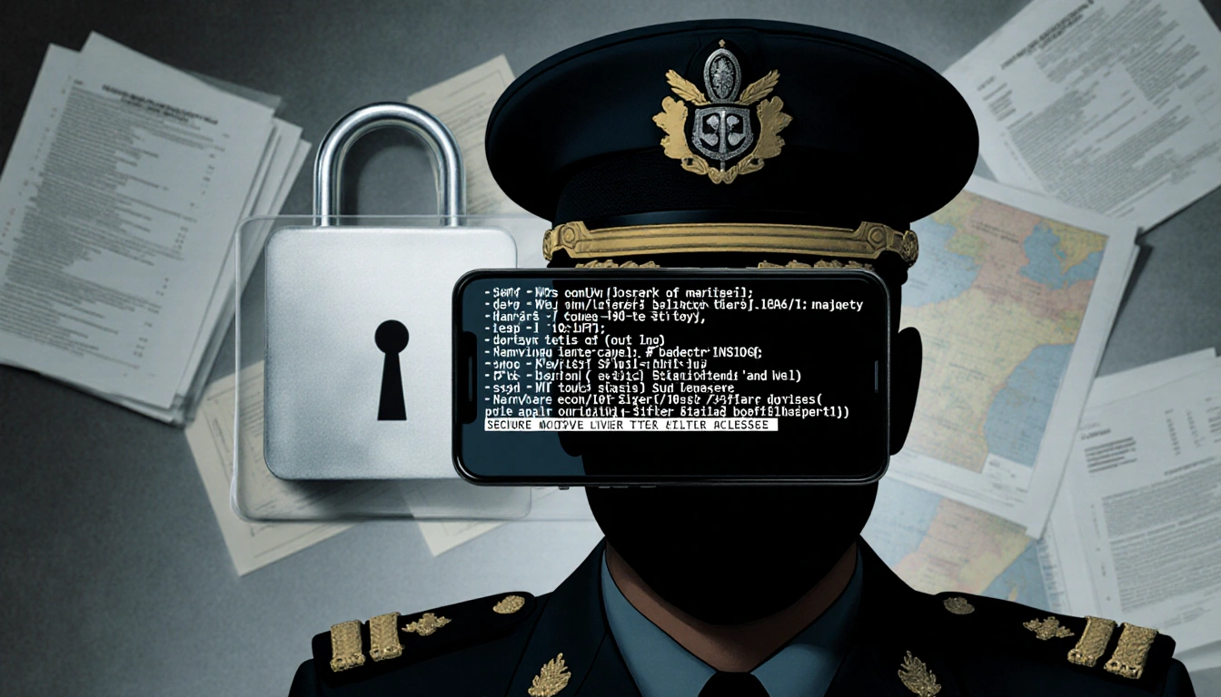 Ukrainian intelligence officer analyzing code on tablet with blurred maps and locked cabinet.