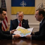 Zelensky handing folded map to Witkoff with Ukrainian flag and NATO insignia in background