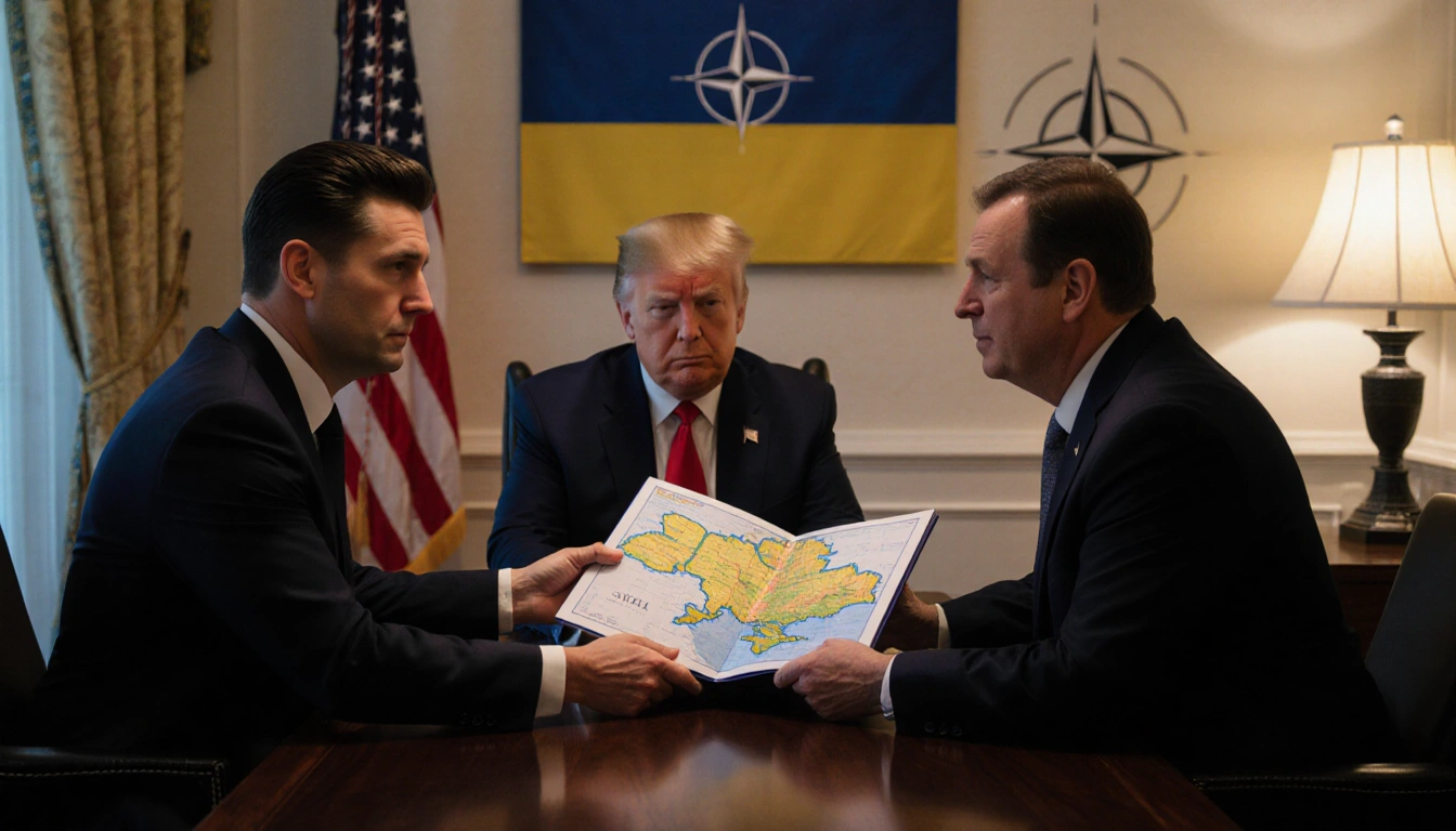 Zelensky handing folded map to Witkoff with Ukrainian flag and NATO insignia in background