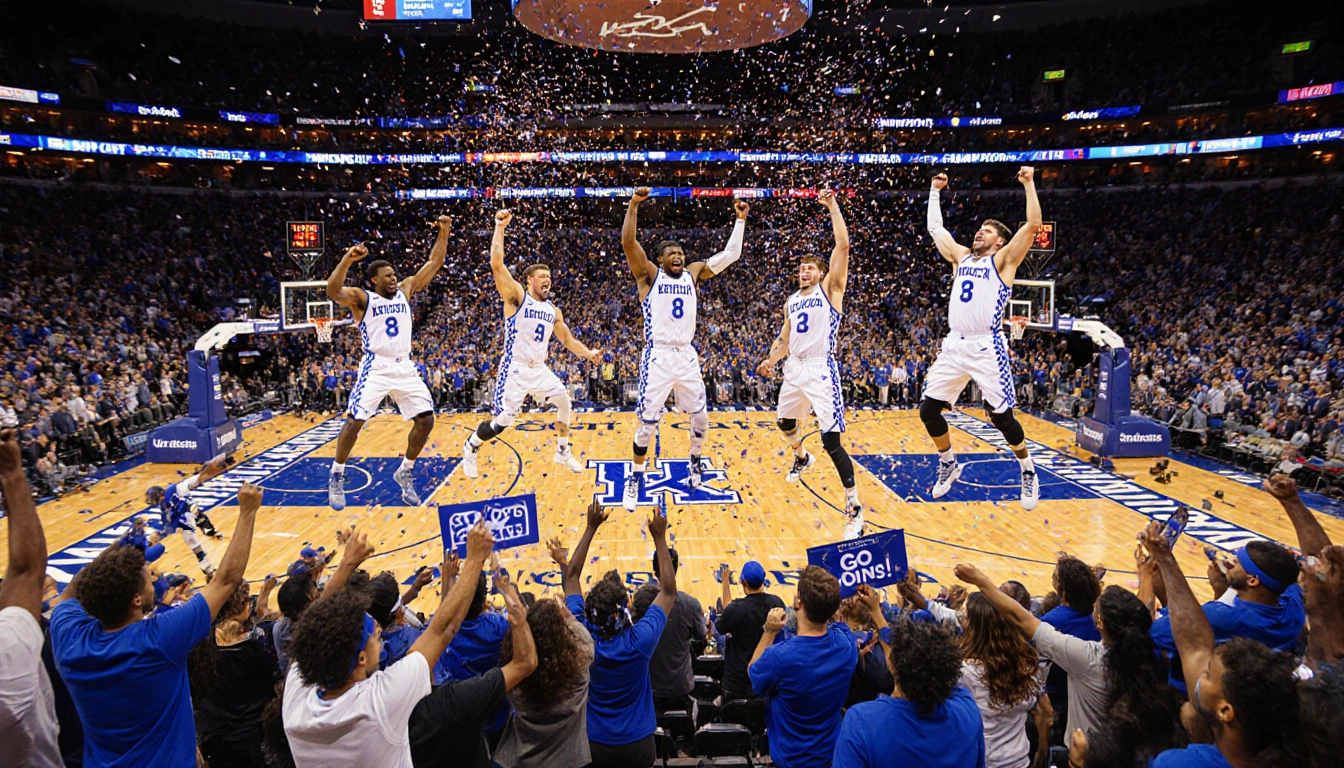 Kentucky Wildcats celebrating victory with confetti and cheering blue fans at State Farm Arena