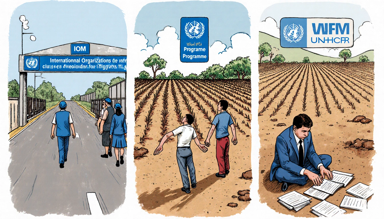 IOM staff walking away from crossing with WFP workers holding empty hands and UNHCR official showing budget cuts