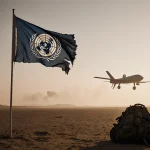 UN flag waving limply with abandoned backpack and faint drone shadow in sandy landscape golden light