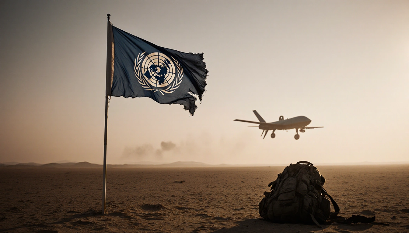 UN flag waving limply with abandoned backpack and faint drone shadow in sandy landscape golden light