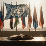 UN flag fluttering low-angle with border flags behind and a worn table holding a torn leather book in golden light