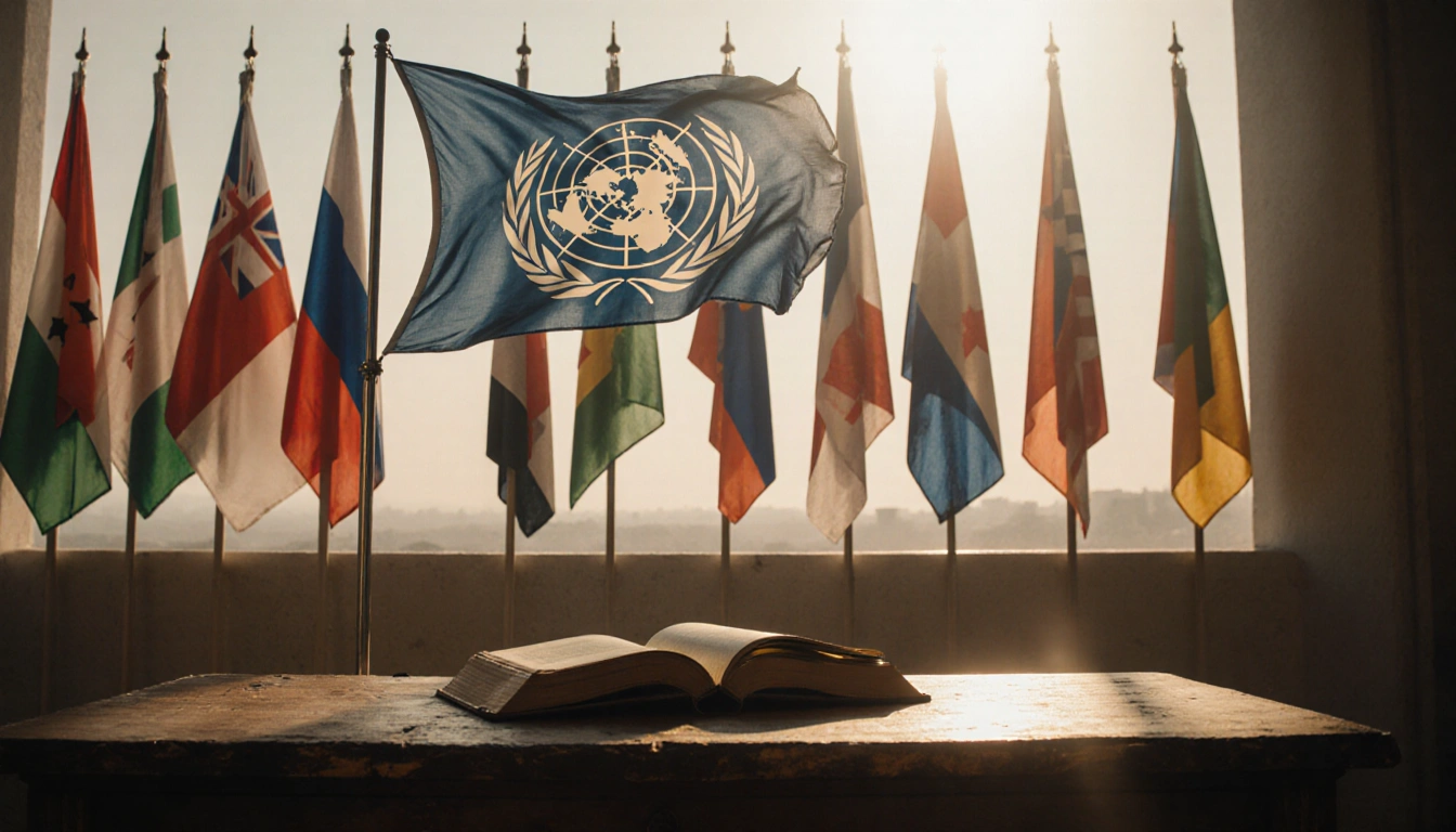 UN flag fluttering low-angle with border flags behind and a worn table holding a torn leather book in golden light