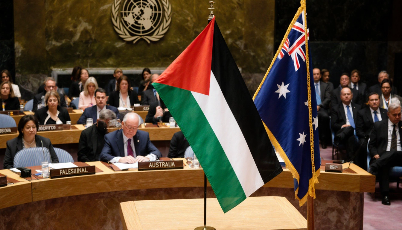 UN hall with delegates seated and a large colorful Palestinian flag displayed prominently on a podium