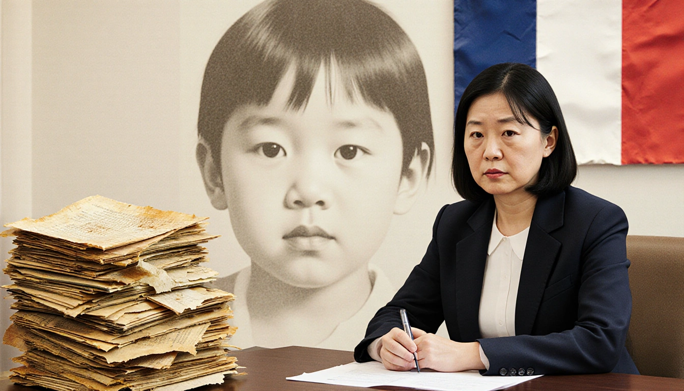 UN investigator sits at desk with yellowed documents and child face behind and French flag on wall.