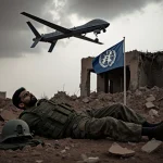 UN peacekeeper lying on ground with debris around and a hovering drone above a ruined building