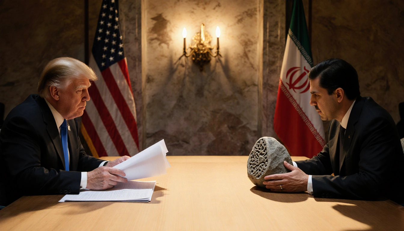 Iranian delegate holds stone while U.S. representative holds papers with flags behind them in a dusk-lit UNSC hall.