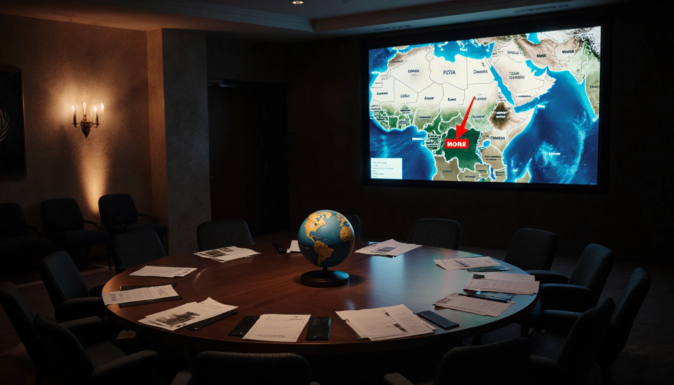 UN Security Council chamber feels tense with a cluttered wooden table and a satellite screen showing Congo crisis.