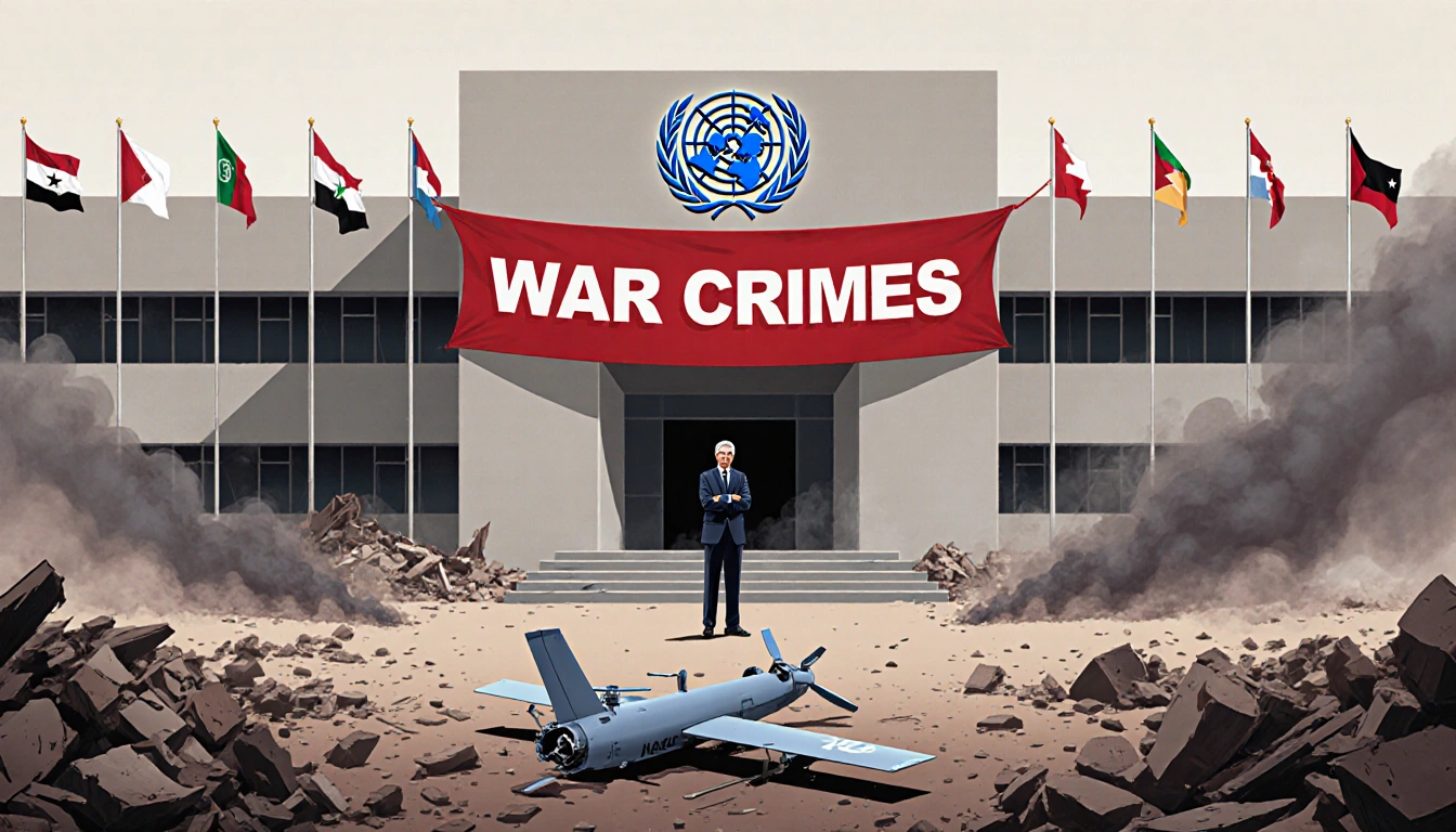 Guterres stands with arms crossed with a broken drone and a red 'War Crimes' banner above the UN facility