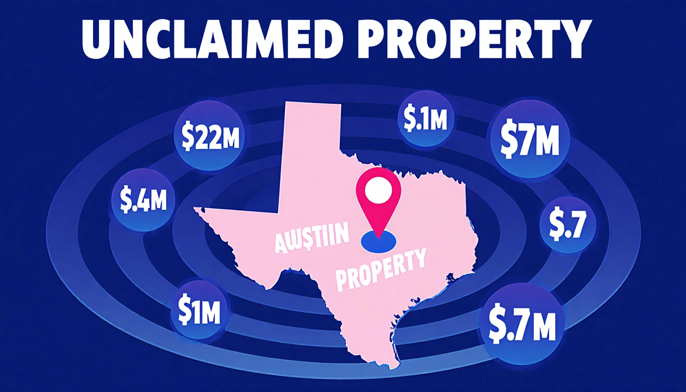Texas map highlights Austin area with concentric circles showing $622M unclaimed property and 5.7 million individuals.