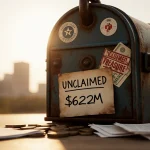 Mailbox showing a rusty padlock with faded stickers and Unclaimed note beside papers and coins Austin skyline in background