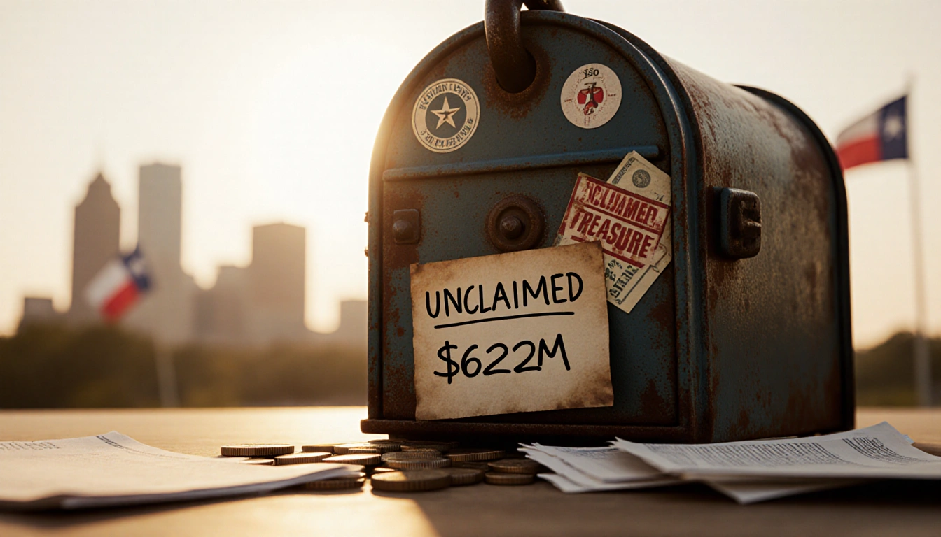 Mailbox showing a rusty padlock with faded stickers and Unclaimed note beside papers and coins Austin skyline in background