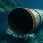 Rusty pipeline glinting underwater with waves lapping its base and green Michigan shoreline behind.