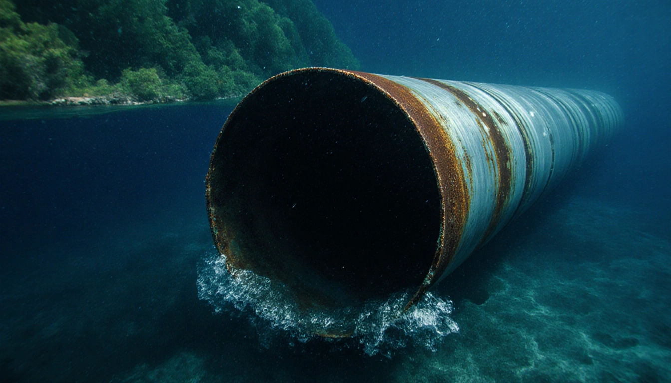 Rusty pipeline glinting underwater with waves lapping its base and green Michigan shoreline behind.